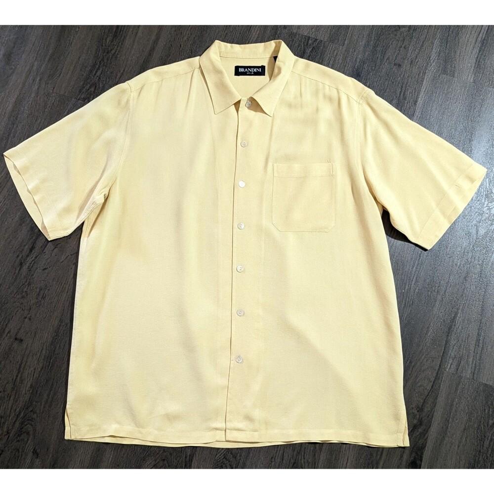 Brandini 100% Pure Silk Hawaiian Camp Cabana Yellow Button Up Shirt Mens Large